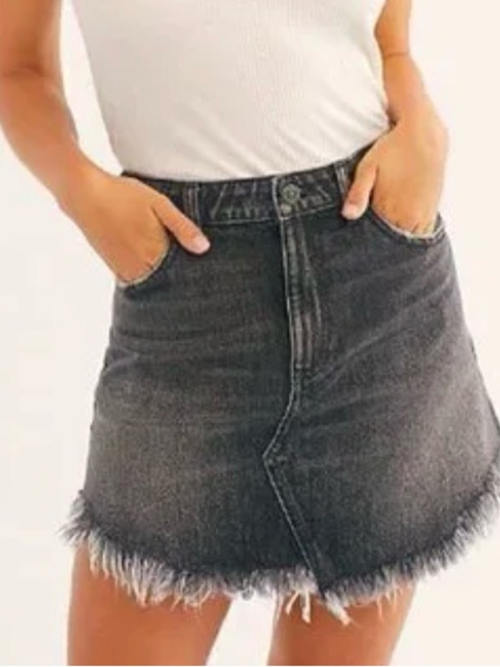 Free People Bailey Denim Mini Skirt Maverick Black Washed Fringe Hem Size 28